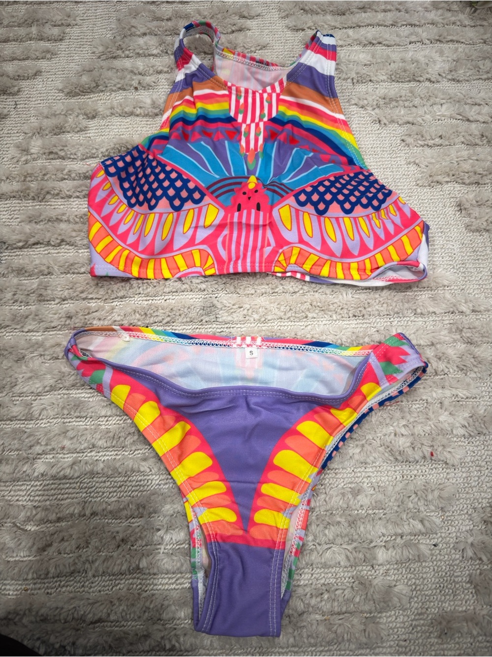 New Vibrant Multicolor Two-Piece Swimsuit Set - Rainbow Print